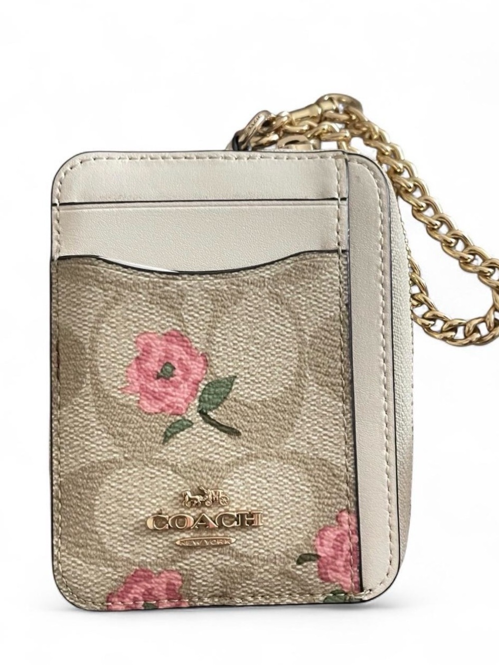 Coach Floral Signature ID Card Case Zip Wallet Chain Lanyard Khaki Pink